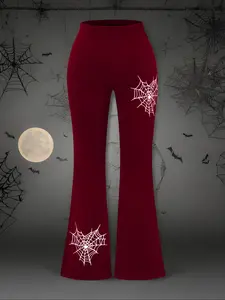 Plus Size Women's Elastic Fitted Flared Bell Bottoms, American Retro Spice Girl Style, Spider Web Print Design, Daily Wear Party Halloween