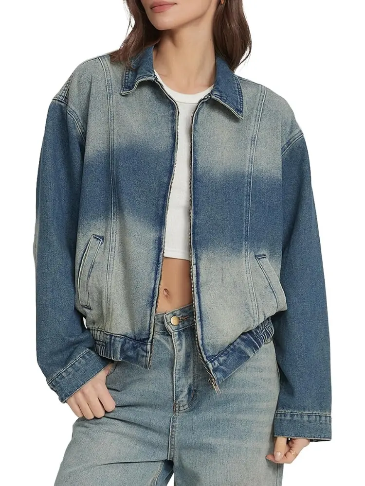 Women's Vintage Washed Denim Jacket Zip Up Bomber Coat Y2K Streetwear Loose Fit Long Sleeve Collared Outerwear with Elastic Hem Pockets Casual Fall Spring Trendy Clothes Indie Aesthetic Faded Jean Jacket Retro Fashion Daily Commute Tops Outfits