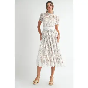 Endless Blu Short Sleeve White Lace Midi Dress
