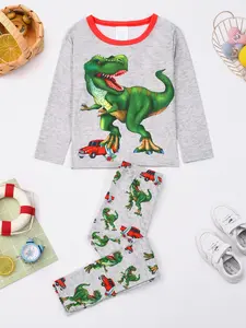 Boys' Dinosaur Print Long Sleeve Shirt & Pants Set, Casual Fitted Fun Bedtime Attire, Print Sleepwear, Cartoon Print Pajama, Comfortable All-Season, 2-Piece Set