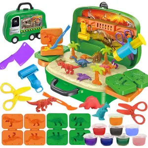 Dinosaur Color Dough Set Tools Dino World 26 PCS Playsets Toy Clay Accessaries Dough and Moulds in a Portable Case with Wheels for Kids Toddlers Children