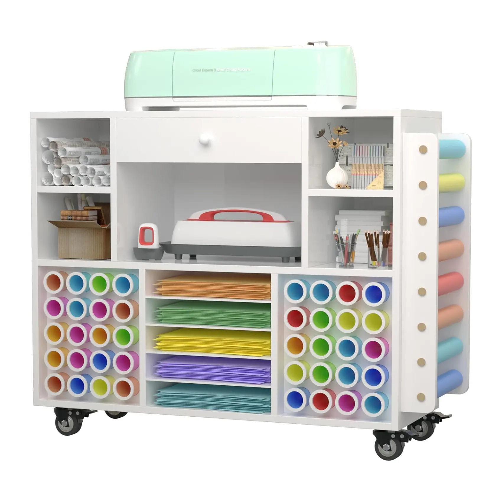 Craft organization and storage Cart Compatible with Cricut Machine, Rolling Craft Organizer With large drawer & 48 Vinyl Roll Holder, Crafting Cabinet Table Workstation for Craft Room Home