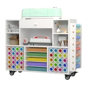 Craft organization and storage Cart Compatible with Cricut Machine, Rolling Craft Organizer With large drawer & 48 Vinyl Roll Holder, Crafting Cabinet Table Workstation for Craft Room Home