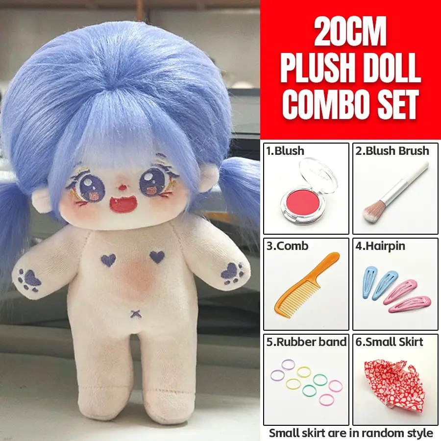 20cm Plush Cotton Doll DIY Set - Complete 7-Piece Set with Bare Doll, Blush Powder, Blush Brush, Comb, 2 Pairs Hair Clips,  Elastic Hair Ties & Cute Floral Dress - Kawaii Dress-Up Toy Gift for Girls, DIY Craft Enthusiasts & Doll Collectors