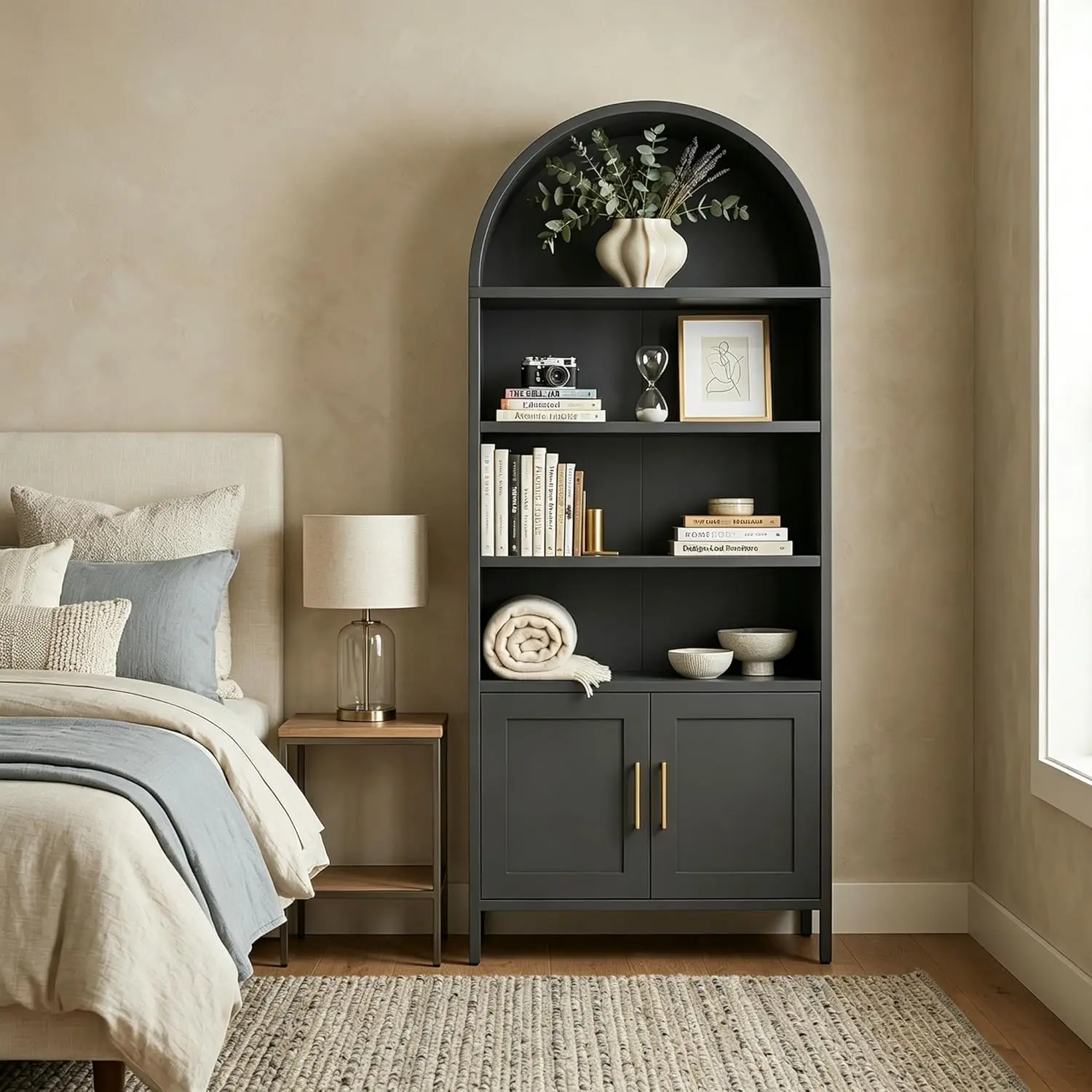 Cold Rolled Steel Arched Bookshelf 0.6mm Thickness - Black Metal Bookshelf, Steel Bookshelf, Arched Design Shelf, Durable Modern Bookshelf, and Compact Sturdy Home Storage Shelf