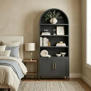 Cold Rolled Steel Arched Bookshelf 0.6mm Thickness - Black Metal Bookshelf, Steel Bookshelf, Arched Design Shelf, Durable Modern Bookshelf, and Compact Sturdy Home Storage Shelf