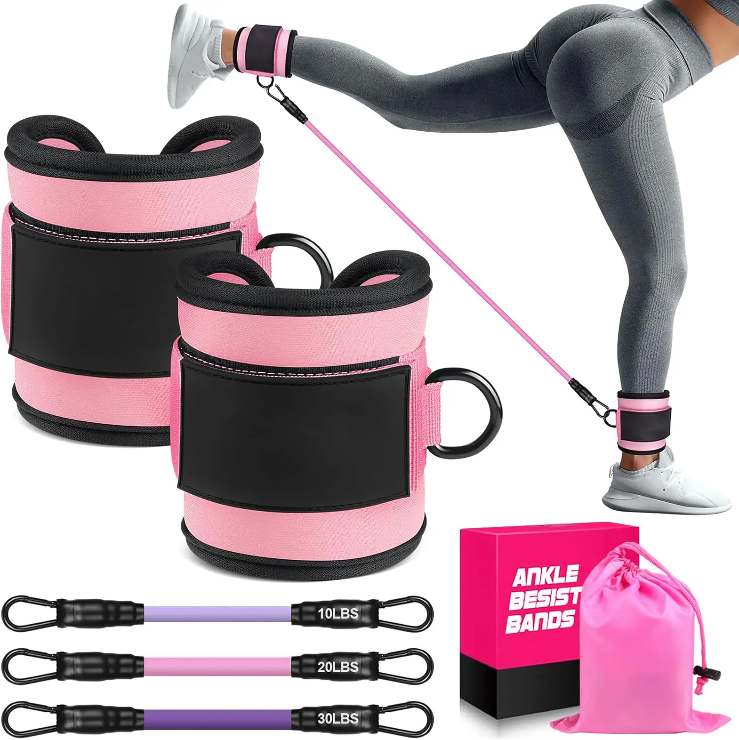 Adjustable Ankle Resistance Bands with 3 Levels (10-60 lbs), Latex Straps with Padded Neoprene Cuffs for Legs and Butt Resistance Band Workout, Home Gym Workout Equipment