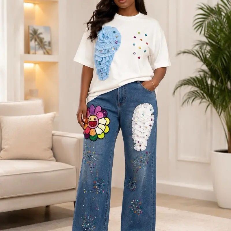Women's 2-Piece Floral Appliqué T-Shirt & Wide Leg Jeans Set