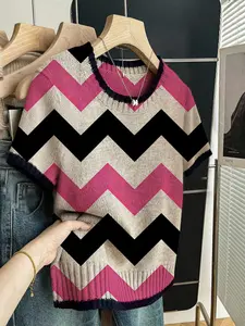 Geometric Pattern Colorblock Print Round Neck Sweater, Casual Short Sleeve Knitwear for Spring Summer Fall, Comfortable Warm Women's Clothing
