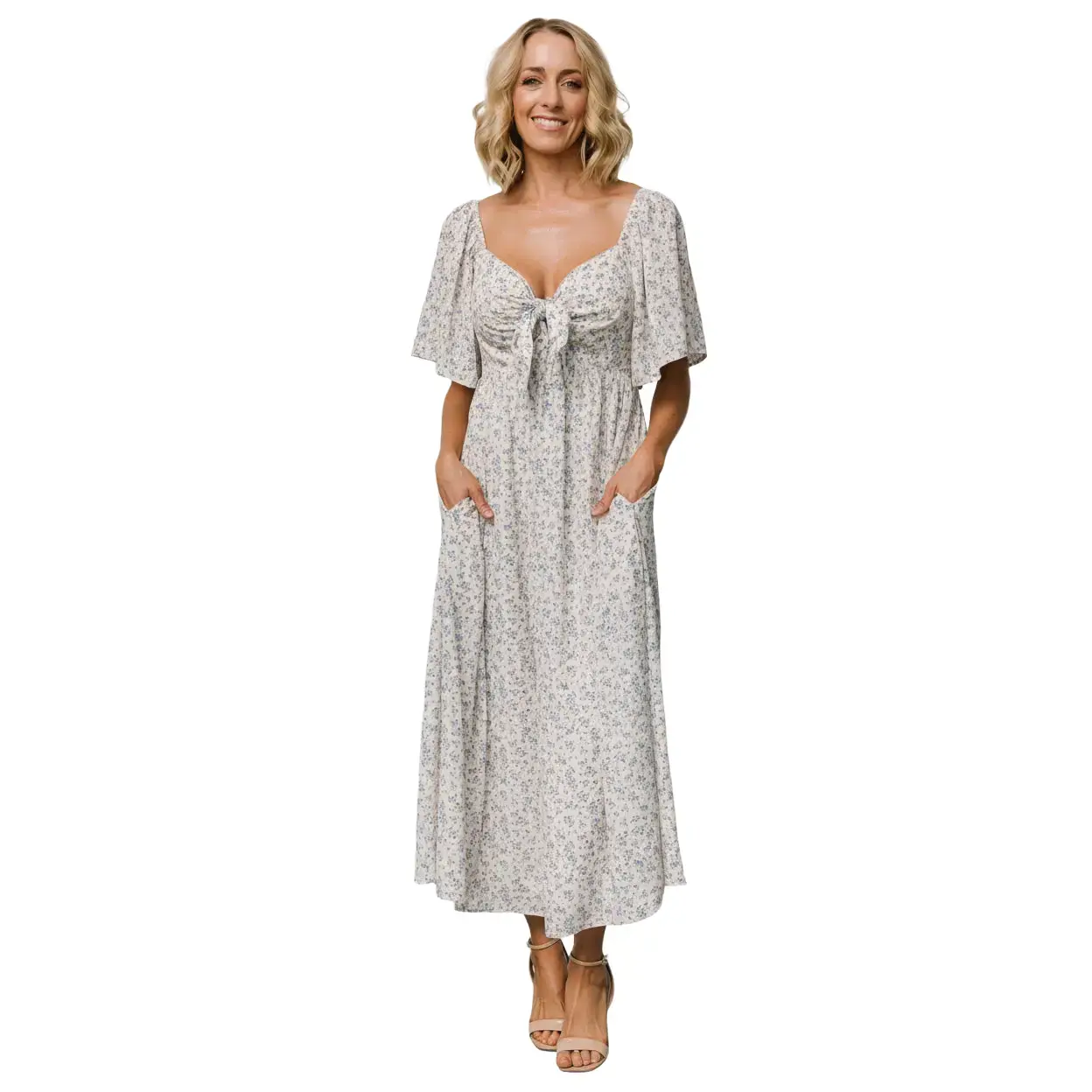 Carah Tie Dress | Off White + Blue Floral, Polyester, Lady