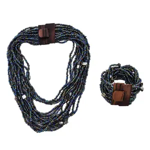 Handmade Seed Bead Necklace & Bracelet Set - Boho Jewelry for Women - Layered Multi Strand Beaded Jewelry w/Wooden Clasp - Necklace Length 18" - Strechable Bracelet Christmas Gifts for Womens