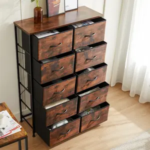 Tall Drawer Organizer Storage Drawers Fabric Storage Tower with 10 Drawers, with Fabric Bin, Wood Top for Bedroom, Closet
