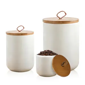 White Ceramic 3-Piece Wide Mouth Jar Canister Set with Bamboo Lids, Silicone-Sealed Smooth Food Storage Containers, Kitchen Counter Scoop-Included for Coffee, Tea Storage