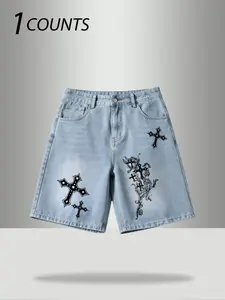 Men's Loose Denim Shorts with Dark Gothic Cross and Graffiti Print, Classic Five Pocket Design for Stylish Streetwear