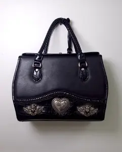 Brighton Black Leather Doctor Bag | Cherub & Heart Silver Concho Hardware | Braided Handles | 90s (Y2K Vintage)