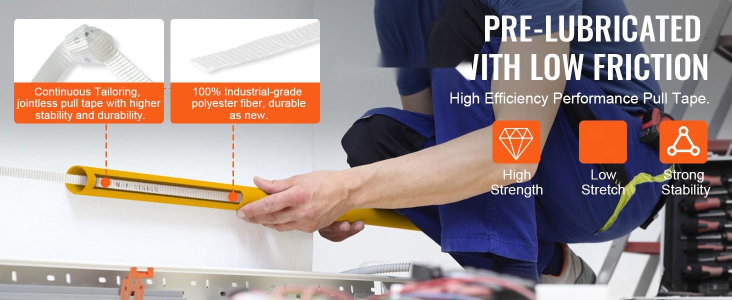 Polyester Pull Tape 1/2 Inch by 1053 Feet Mule Tape Flat Rope, 1250 Lbf Tensile Strength, Printed Webbing Cable Pulling Tape for Packaging, Gardening, Electrical Conduit Installation, Construction, White