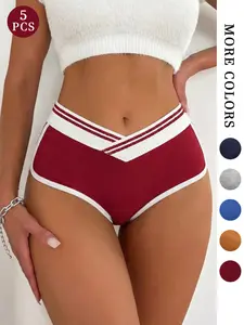 Women's Striped Underwear Set, Wide Waistband Sport Style, Multi-Color Comfortable Breathable, Elastic Fit, Suitable for All Seasons