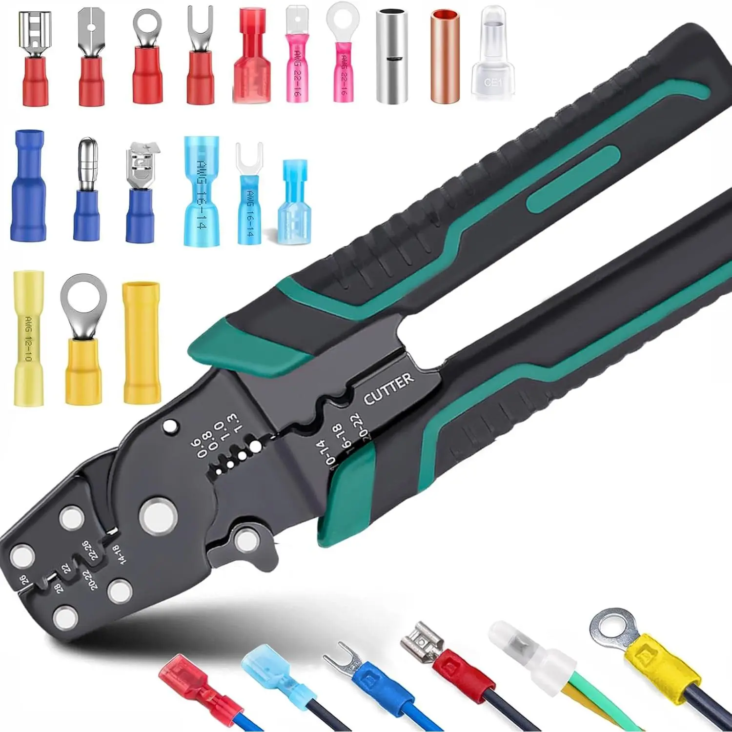 Green Wire Crimping tool Wire crimper,stripper and cutterfor insulated/Bare/Heat Shrink connectors(22-10 AWG) Multifunctional stripping crimping pliers Wire stripper and crimping tool