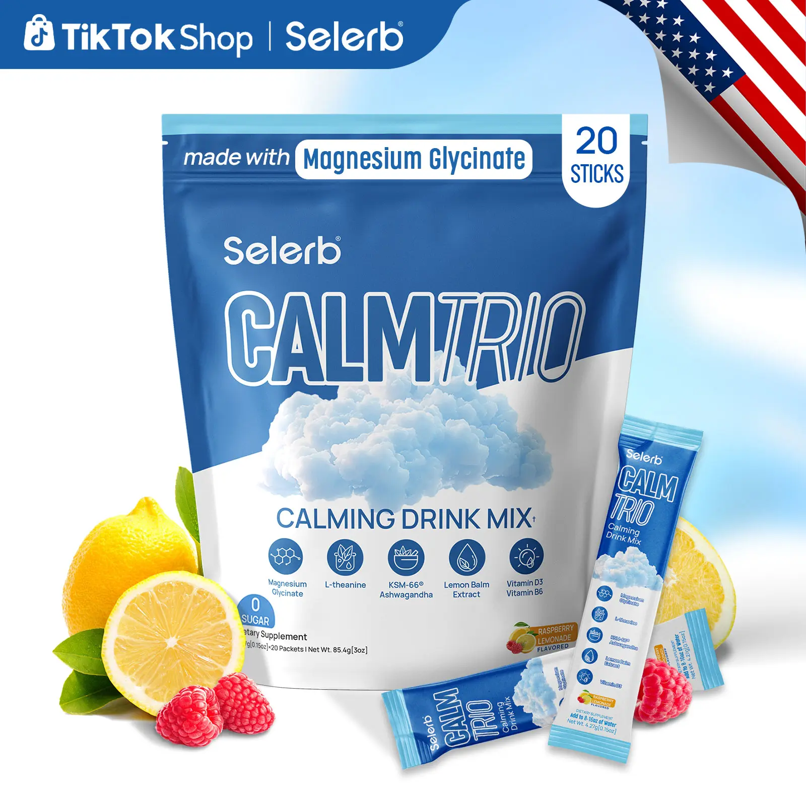 CalmTrio Magnesium Glycinate Powder Cortisol Drink Mix - No Sugar with L-Theanine, Ksm-66 Ashwagandha, Lemon Balm, Vitamin D3, B6, Supplements for Relax, Focus & Calm, Raspberry Lemon 20 Ct Healthcare Dietary