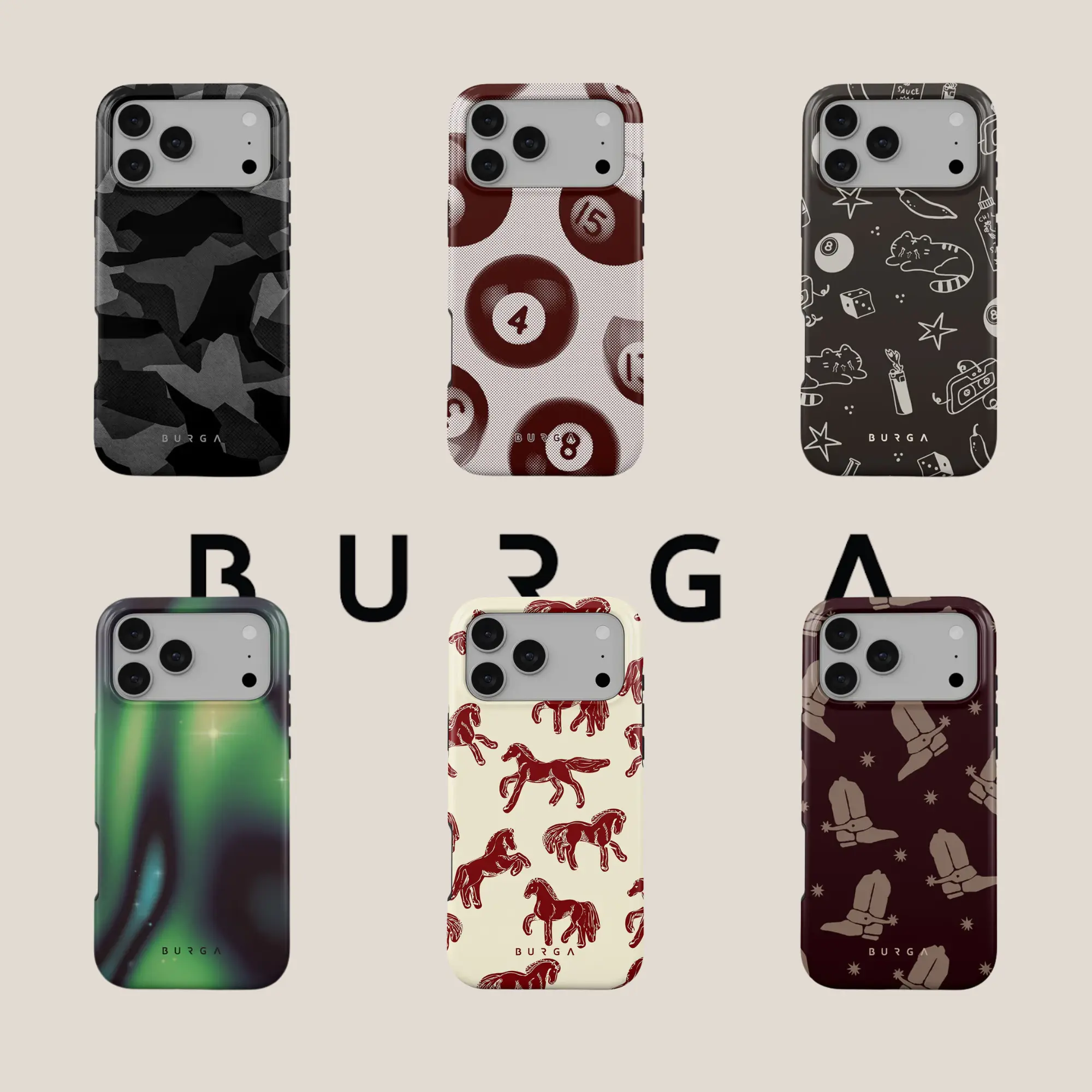 Burga Night Black Camouflage, Cue MagSafe/Tough Case for iPhone 17, 16, 15, 14, 13, 12, 11, Pro Max, Aurora Cover, Stylish and Protective Cover, Heavy Duty Shockproof Trendy Phone Shell