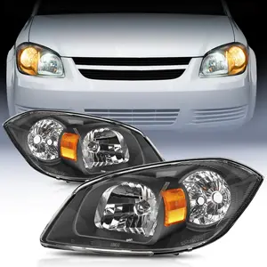 Nilight Halogen Headlight Assembly with Cover - Black Housing, Amber Reflector Replacement Headlamps for 2005-2010 Chevy Cobalt, 2005-2009 Pontiac G5 - Driver & Passenger Sides, Halogen Bulb