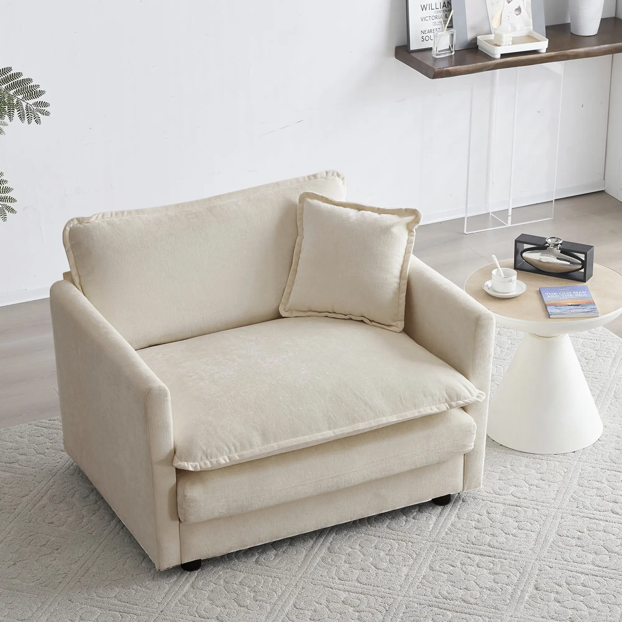 Single Deep-Seat Comfy Chenille Sofa, Modern Upholstery Accent Armchair with Pillow for Living Room, Bedroom (Beige)