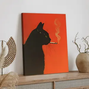 1pc Wooden Framed, Black Cat Smoking a Cigarette Vintage Poster, Art Retro Whimsical Print, Funny Animal Wall Decor Poster for Bar Cart Quirky Kitchen Wall Art Canvas Painting, Home Decor Ideas, Modern Home Decor