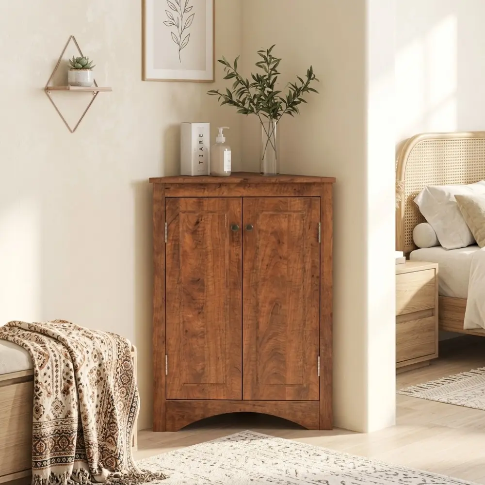 Littleox Brown Triangle Bathroom Storage Cabinet with Adjustable Shelves, Freestanding Floor Cabinet for Home Kitchen