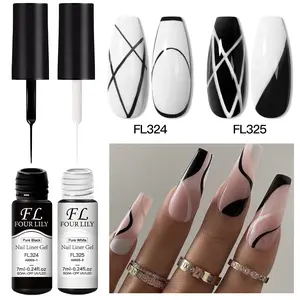 FOURLILY 2pcs Black White Liner Gel Nail Polish Set, 2-in-1 Ultra-fine Brush Head French Pull Line Graffiti Painting Stripe Design French Manicure Gel Varnish Women Girls Nail Art Gift