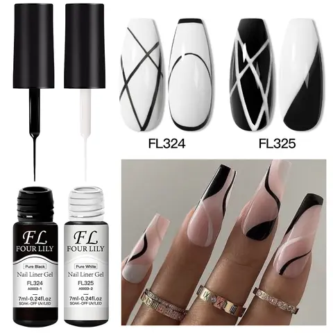 FOURLILY 2-Piece Black and White Liner Gel Nail Polish Set, Nail Art Products, 2-in-1 Ultra-Fine Brush Head for French Manicure, Line Drawing, Graffiti, and Stripe Design, Gel Varnish Gift for Women and Girls