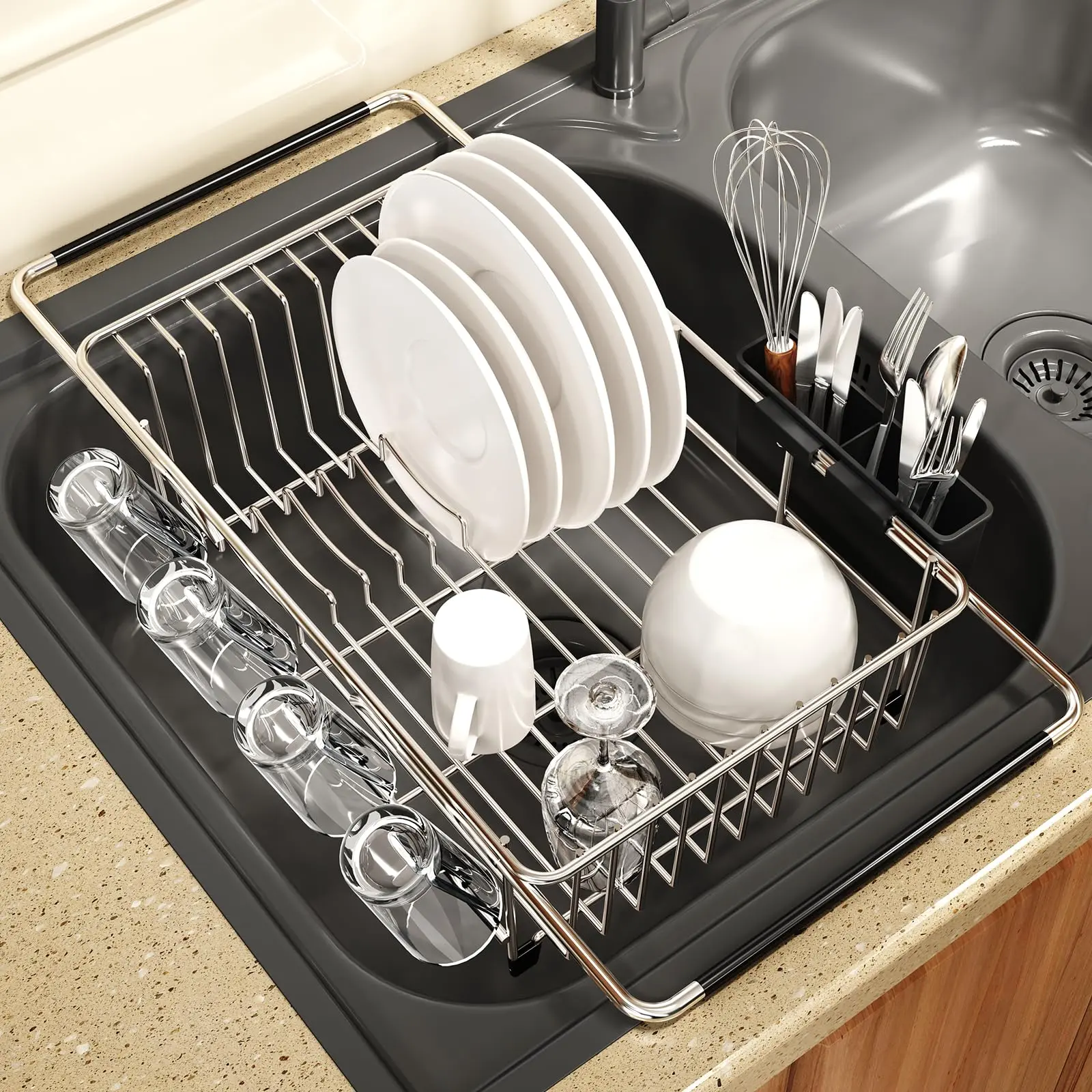 Expandable Stainless Steel Over Sink Dish Drying Rack with Utensil Holder, Rustproof Space-Saving Dish Drainer, Perfect for Small Kitchens, Apartments & RVs