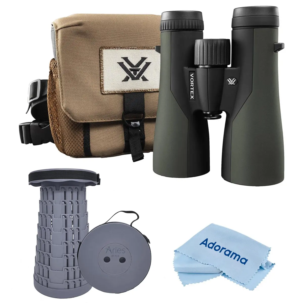 Vortex Optics Crossfire HD 12x50 Roof Prism Binocular with Rubber Armor, HD Optics, Waterproof for Hiking/Camping and Outdoor Sports - Bundle with Telescoping Stool and Cleaning Cloth, Adjustable Stool