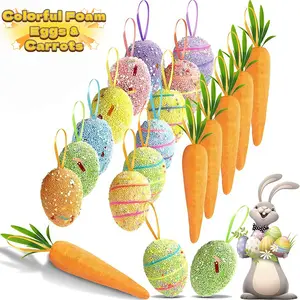 Easter Egg Decorations Set,18Pcs Colorful Foam Eggs & Carrots, Easter Tree Ornaments, Hanging Ornament, Home Party DIY Crafts Supplies