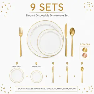 Elegant Disposable Dinnerware Set, 9 Place Settings, 45 Pcs Gold Rim Plates, Cutlery, Perfect for Parties and Events