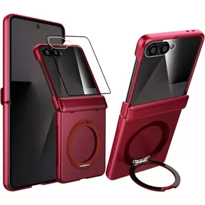 Magnetic Case for Samsung Galaxy Z Flip 7 Case, Compatible with Mag-Safe, Center Hinge Protection, 360° Rotating Finger Ring Holder with Built-in Screen Protector PC Material for Galaxy Z Flip 7 2025