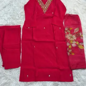 Hot Pink Punjabi Suit with Neck Embroidery and Floral Dupatta - Women's Casual Wear for Summer, Perfect for Any Occasion - Womenswear, Dress, Comfort