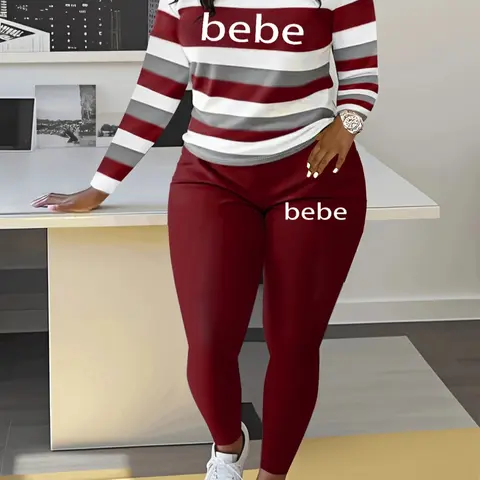Women's Striped 'Bebe' Letter Print Round Neck Long Sleeve Top and Pants Set, Comfortable Casual Two-Piece Striped Loungewear Set, Casual Fashion Set for Autumn and Winter