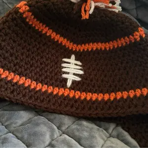 Cleveland Browns Inspired Ear Flap Football Beanie with Pom Pom | Handmade Crochet Hat