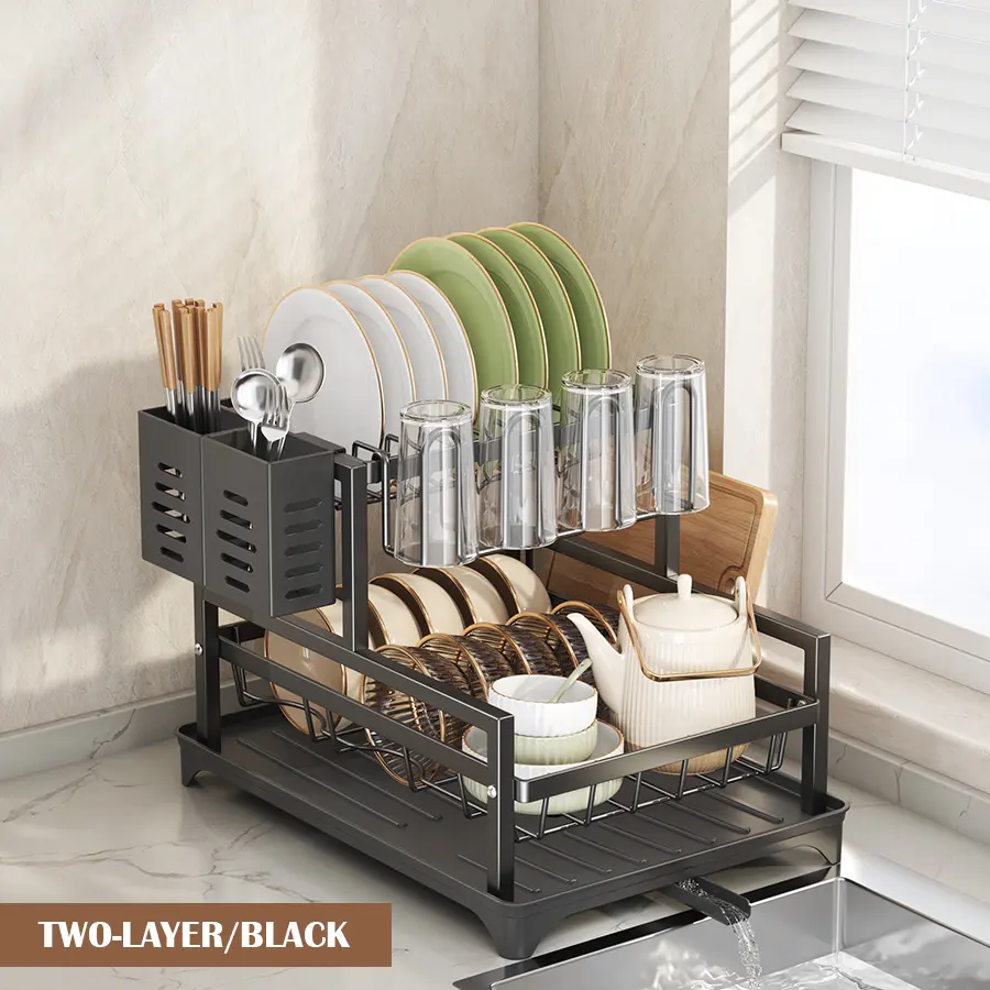 2-Tier Black Metal Slide-Out Dish Drying Rack with 2-Layer Draining Boards, Water Drain Spout, Countertop Organizer with Cup Holder, Round Cutting Board Storage Bracket & Dual Utensil Holders, Corrosion Resistant Rustproof Space-Saving Kitchen Drainer, 20