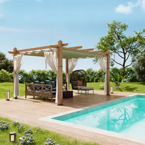 Garvee 10 x 13 ft Wood Grain Aluminum Pergola with Retractable Canopy & Netting, Outdoor Sun Shade Shelter for Patio, Garden, Backyard, Deck, UPF 50+ Protection – Beige