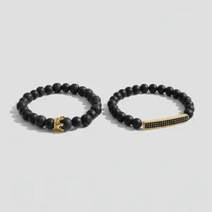 ✨ Volcanic Lava Stone &amp; Matte Onyx Crown Bracelet (Gold Edition)