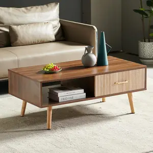 Rectangle Coffee Table with Solid Wood Legs, Sliding Drawer for Storage, Modern Table for Living Room , Walnut Color