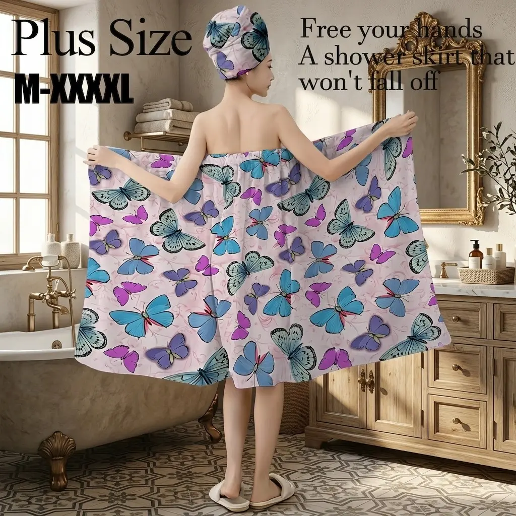 Plus Size M-XXXXL Pink Background Blue Purple Butterfly Print Bath Wrap Skirt & Hair Towel Set, Non-Slip Adjustable Shower Skirt for Bathroom, Spa, Bridal Shower, Summer Gift