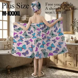 Plus Size M-XXXXL Pink Background Blue Purple Butterfly Print Bath Wrap Skirt & Hair Towel Set, Non-Slip Adjustable Shower Skirt for Bathroom, Spa, Bridal Shower, Summer Gift
