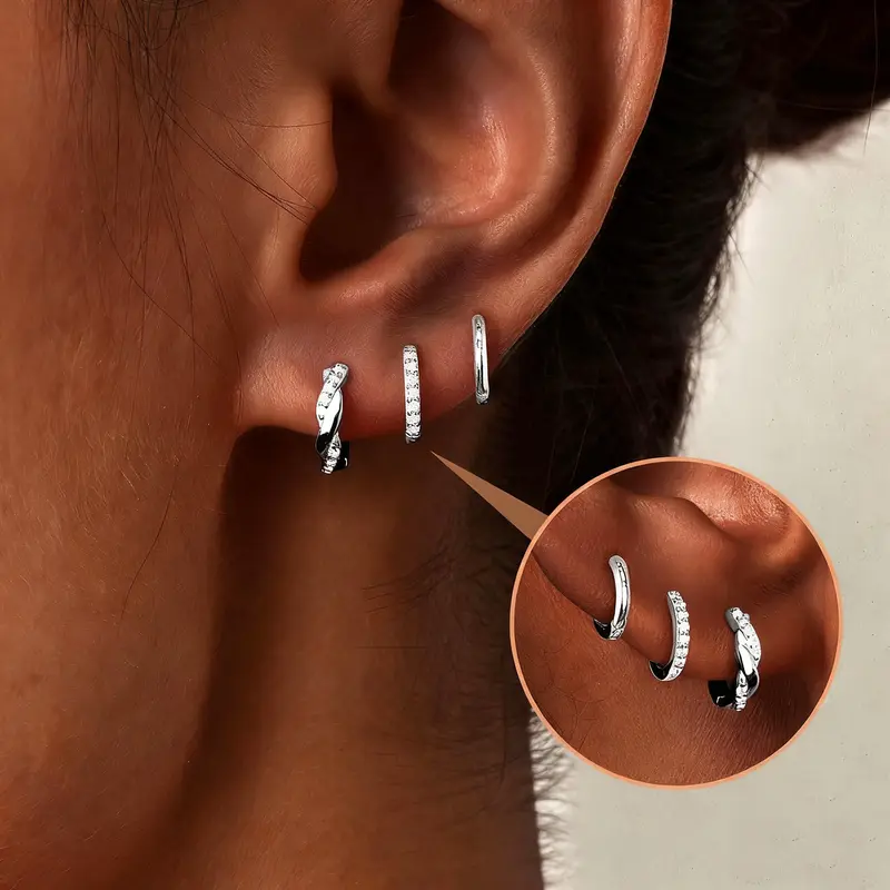 Women's 18K Gold Plated Hypoallergenic Elegant Stacking Earrings - 3-Pair Set with Minimalist Gold-Tone Metalwork, Silver Post Silver Hoop Dainty Pieces for Cartilage/Conch Style Piercings, Casual Daily Gift Jewelry