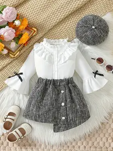 Sweet Spring and Autumn Skirt Set for Girls, Baby girl clothes, Girl's ruffle collar shirt+half skirt, flared sleeves+3D bow tie+single breasted decoration, Valentine's Day gift, suitable for 100 day banquets