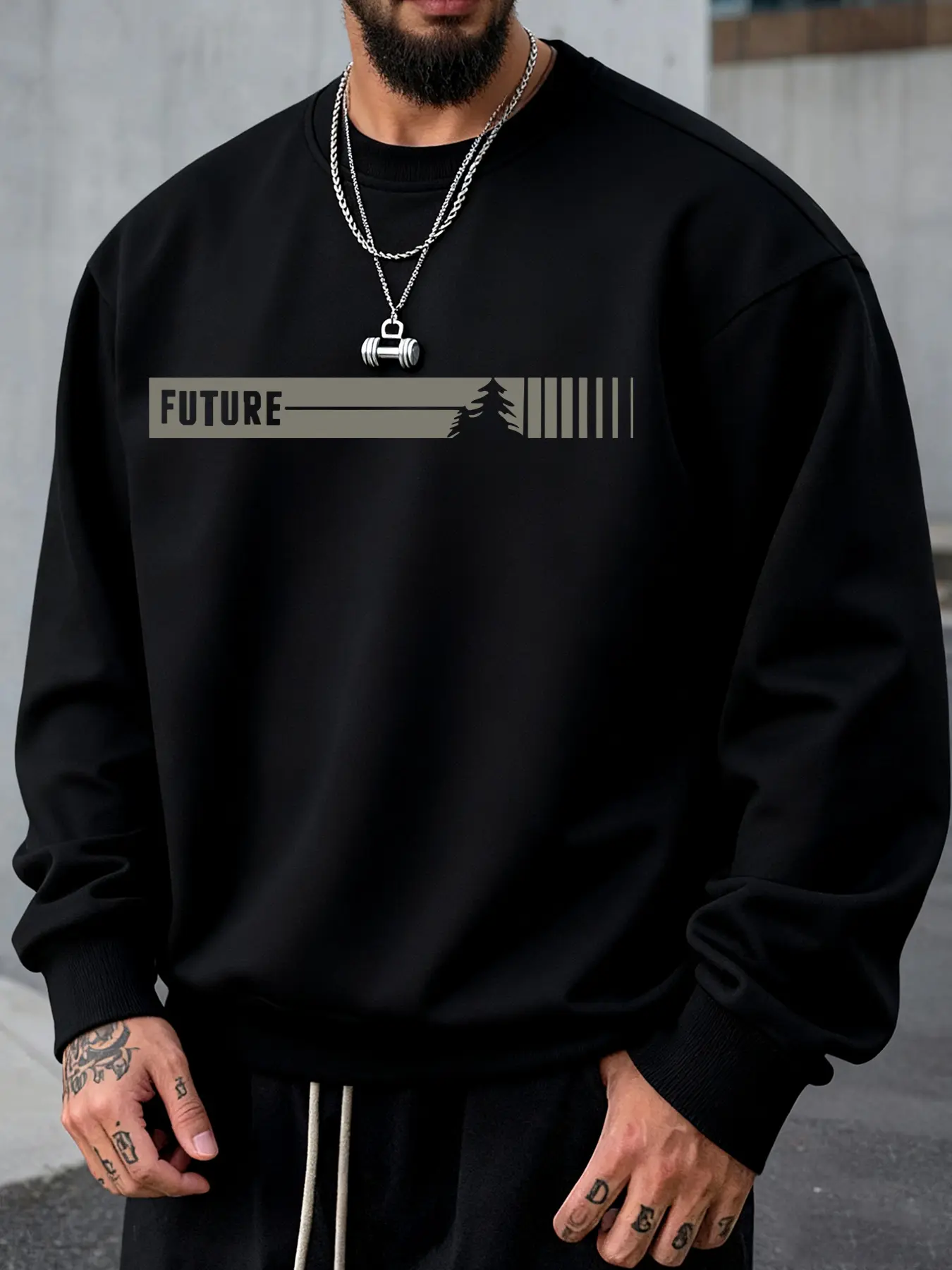 Men's Fall Winter Round Neck Pullover Sweatshirt, Future Letter Print Design, Comfortable Casual Wear, Perfect for Daily Use and Outdoor Activities