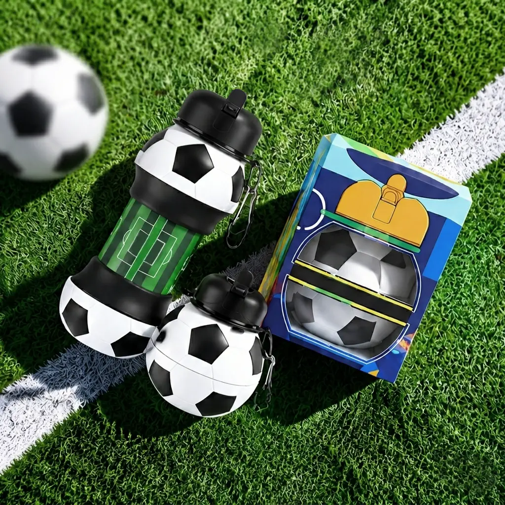 Foldable Water Bottle,1-Count Soccer Ball Design Football Water Bottle with Lid,Portable Leak-Proof Drinking Cup for Outdoor Sports and Travel,Leakproof Sports Bottle
