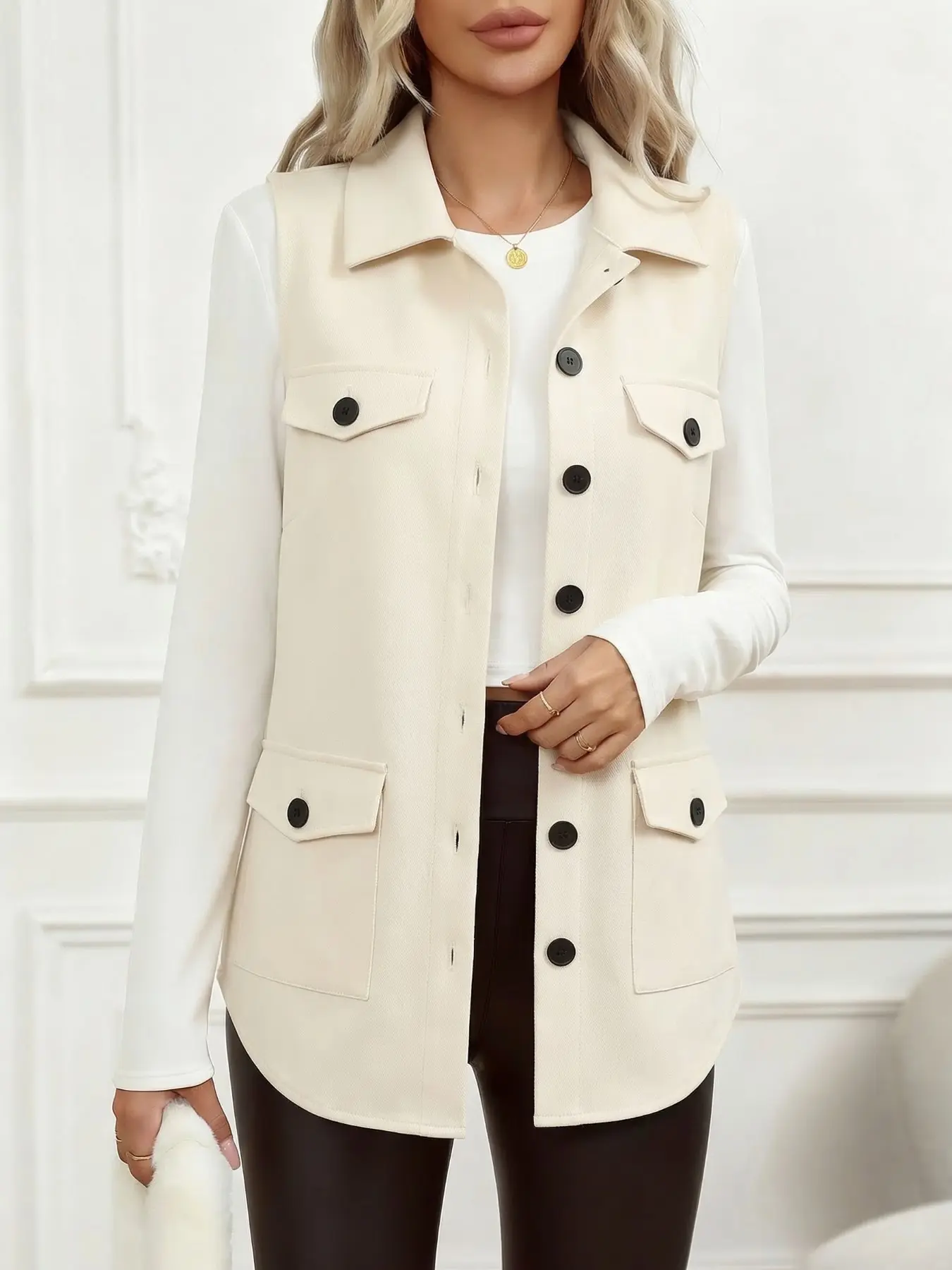 Women's Four-Season Classic Basic Lapel Utility Fitted Business Work Vest, Dual Pockets, Suitable for Office Commute, Formal Events, Graduation Season