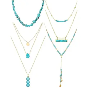 6 Pcs Turquoise Jewelry for Women Western Jewelry Boho Necklaces Gold and Turquoise Necklace Suede Choker Long Chain Tassels